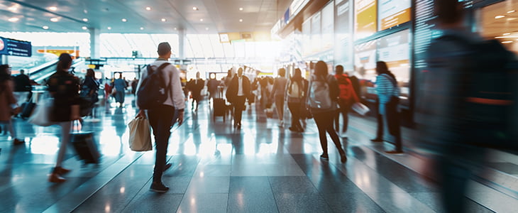 Flyers rush around a busy airport