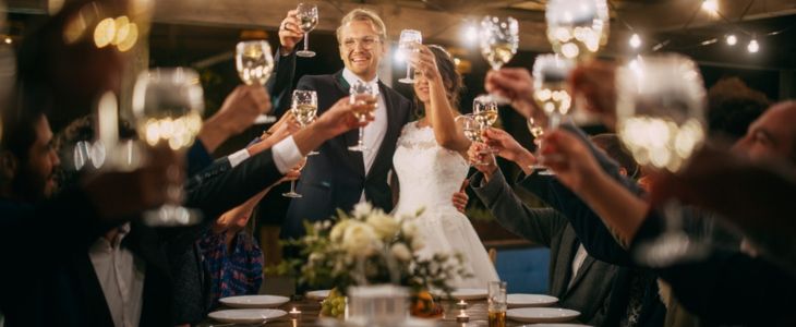 guests clink glasses and cheers at a wedding dinner