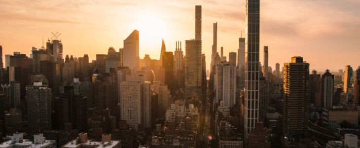 new york city skyline at sunset